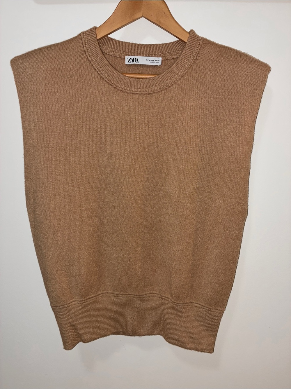Camel Sleeveless Sweater with Padded Shoulders